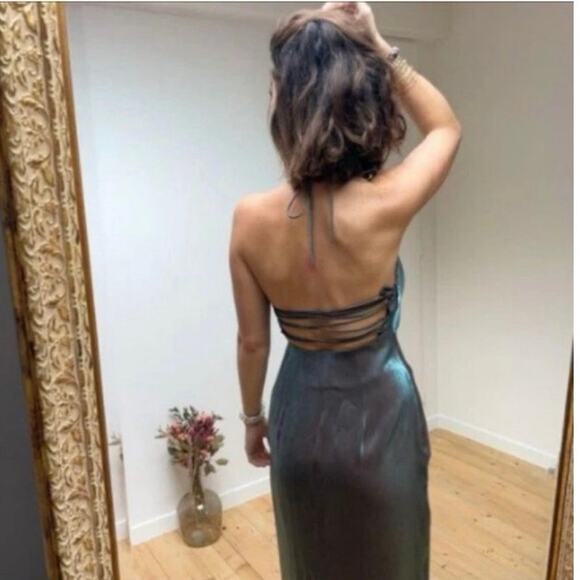 Zara Merallic Silver Strappy Back Slip Maxi Semi Formal Dress Wedding Guest - Picture 7 of 12